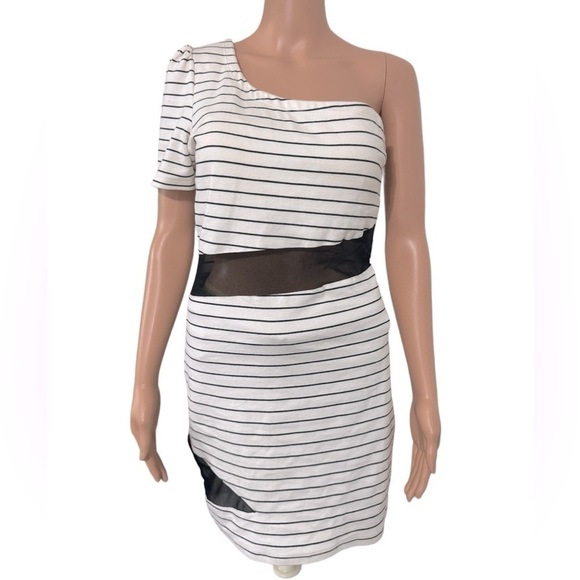 Gianni Bini Mesh One Shoulder Striped Mini Dress - Picture 1 of 12